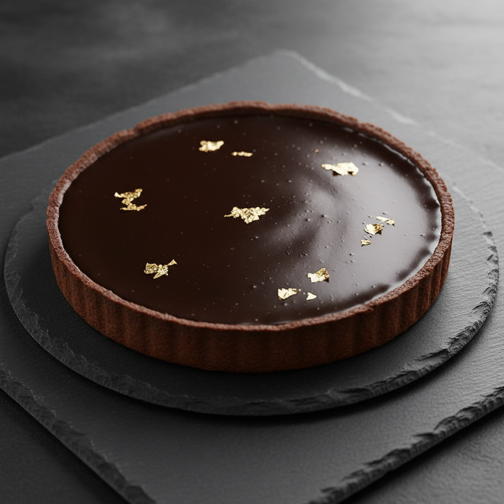 Elegant dessert plating, dark chocolate tart with gold leaf garnish on a black slate plate, dim atmospheric restaurant lighting