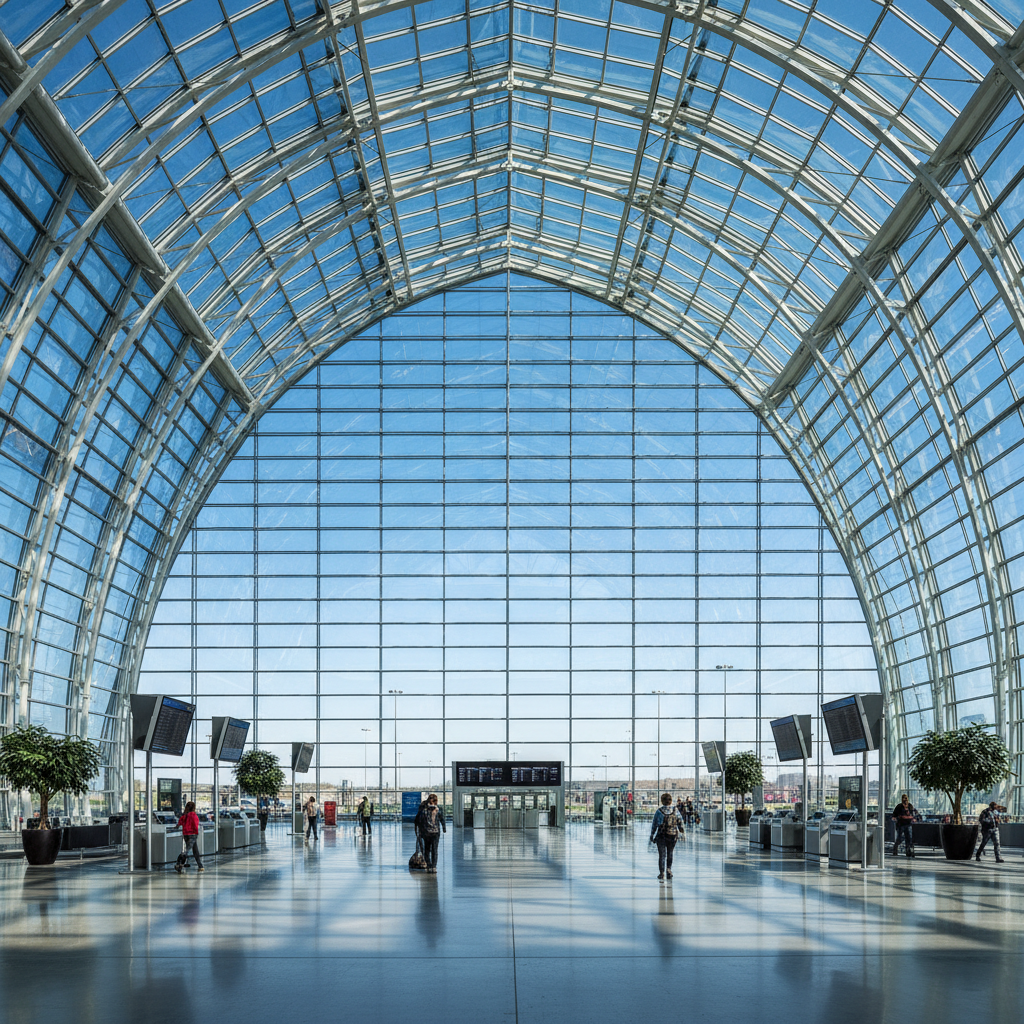 Gateway International Airport terminal with massive glass curtain wall and structural skylight vaults