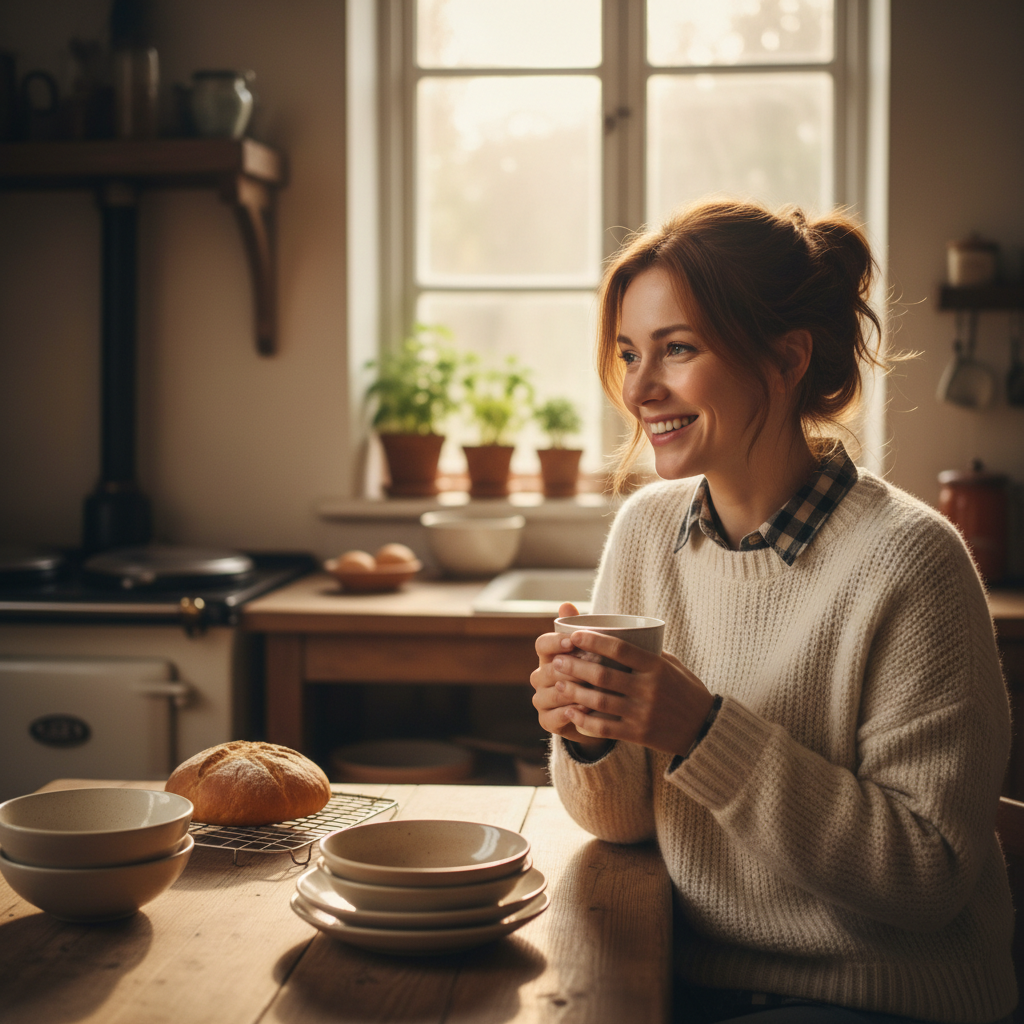 Priya Mehta smiling with a ceramic mug in her kitchen