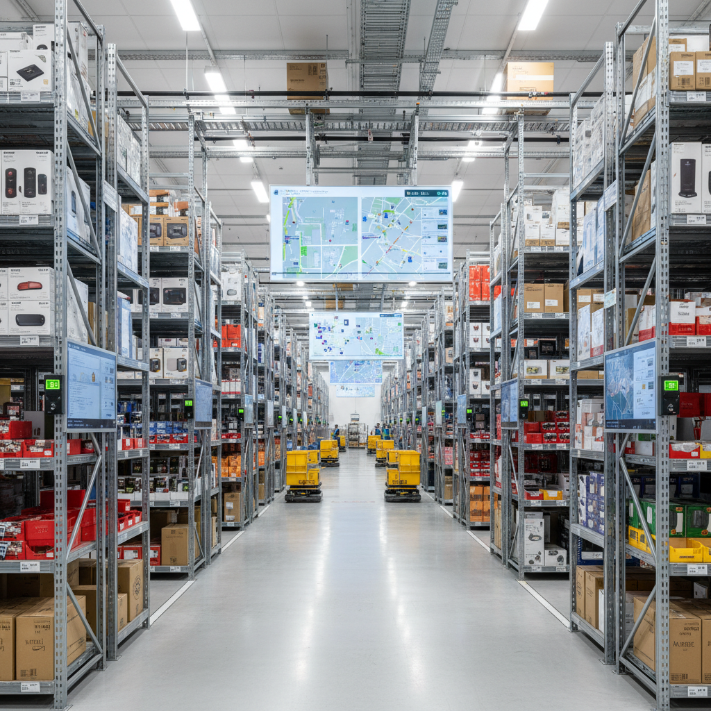Modern warehouse interior with organized shelving systems, packages neatly stacked, and bright overhead lighting