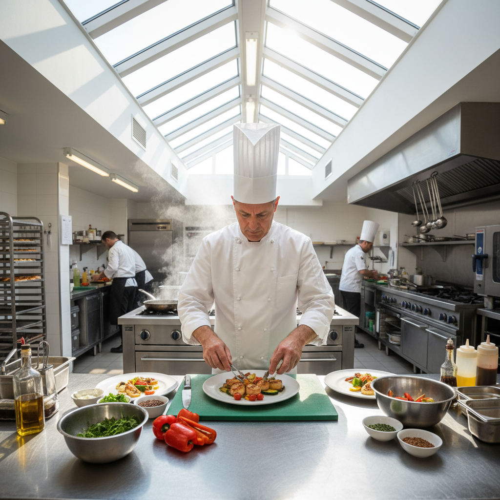 Chef che lavora con passione in cucina professionale, ambiente cooperativo e accogliente