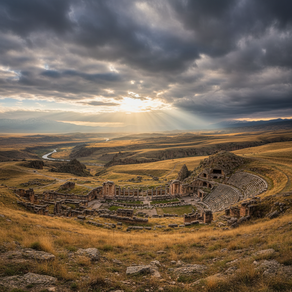 Ancient Central Asian landscape at golden hour with vast desert steppes and dramatic amber sky