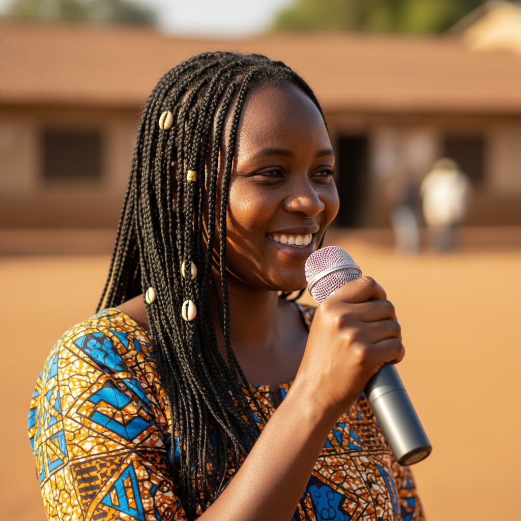 African woman smiling in casual outdoor environment