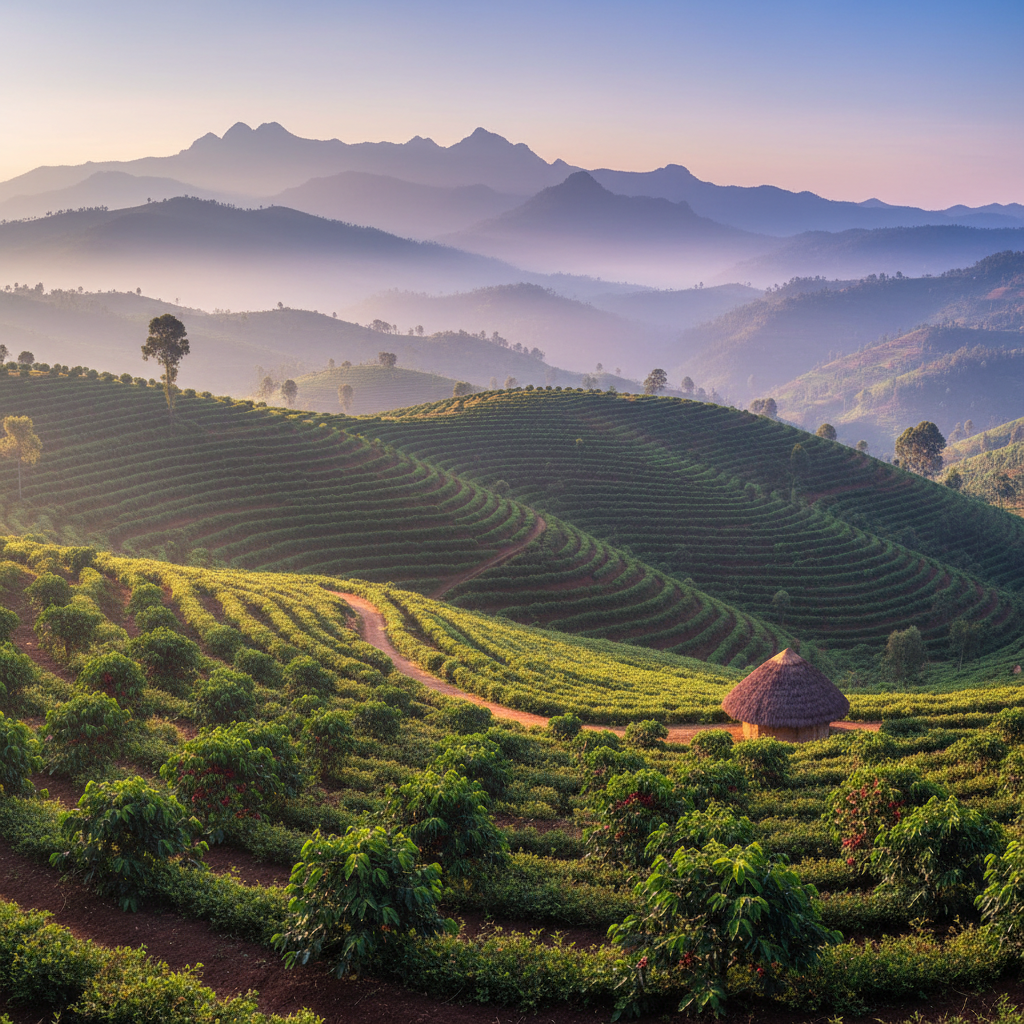 Ethiopian highland landscape at sunrise, green rolling hills with morning mist
