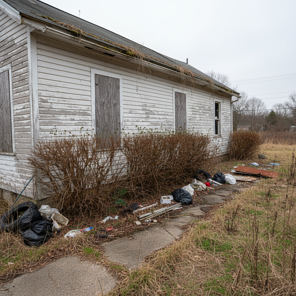 Neglected front yard with dead grass and overgrown shrubs