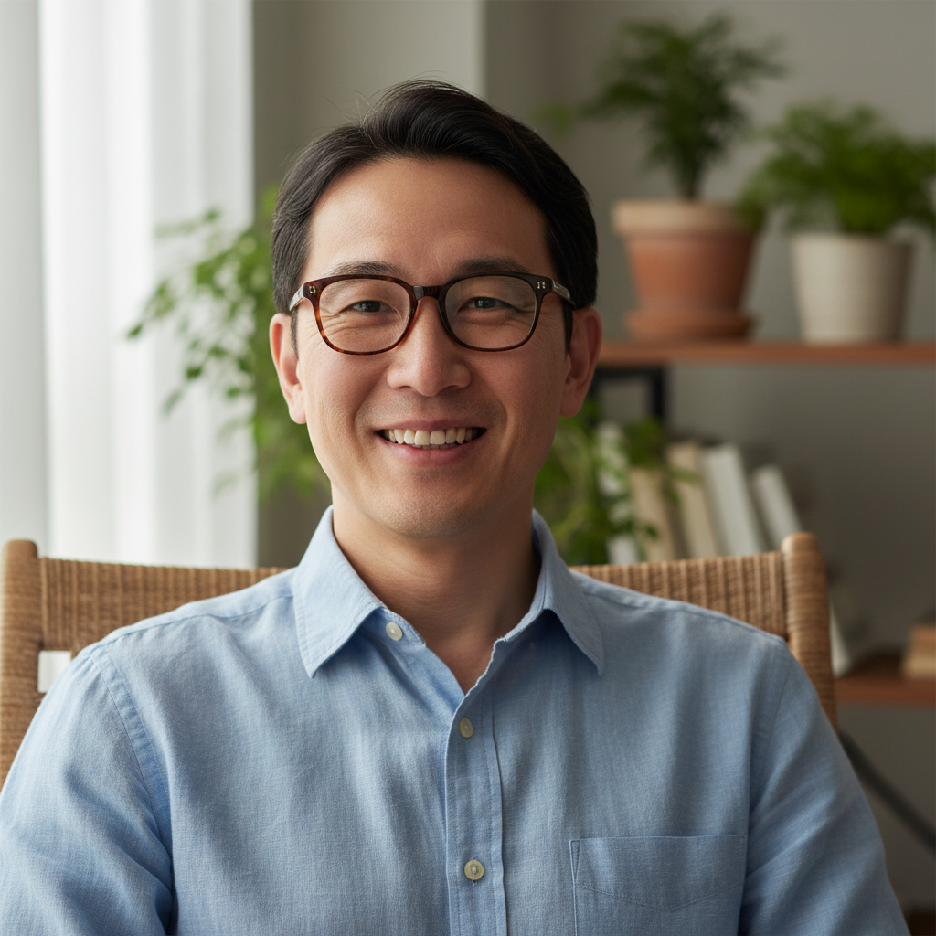 Asian man with glasses in casual shirt smiling outdoors