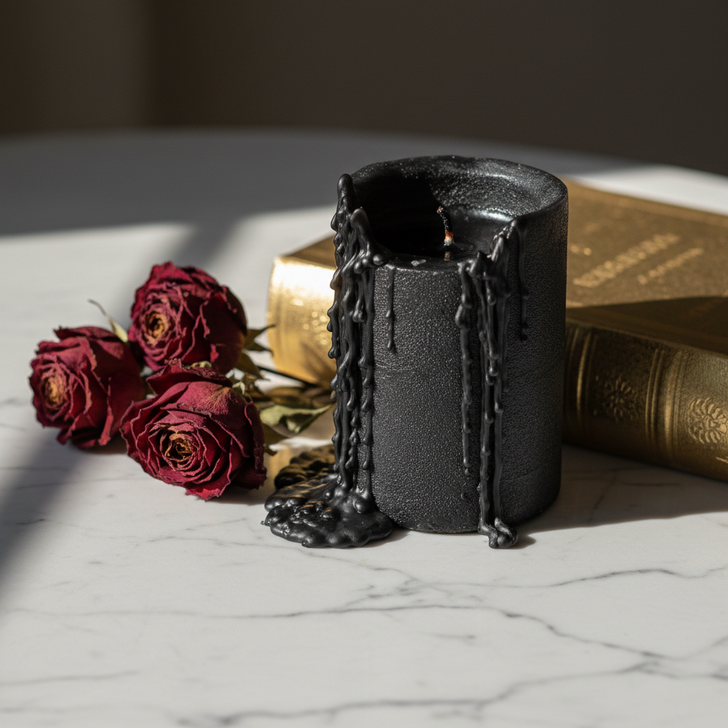 Black candle burned halfway beside a gold-leafed book spine with dried roses casting long shadows across marble