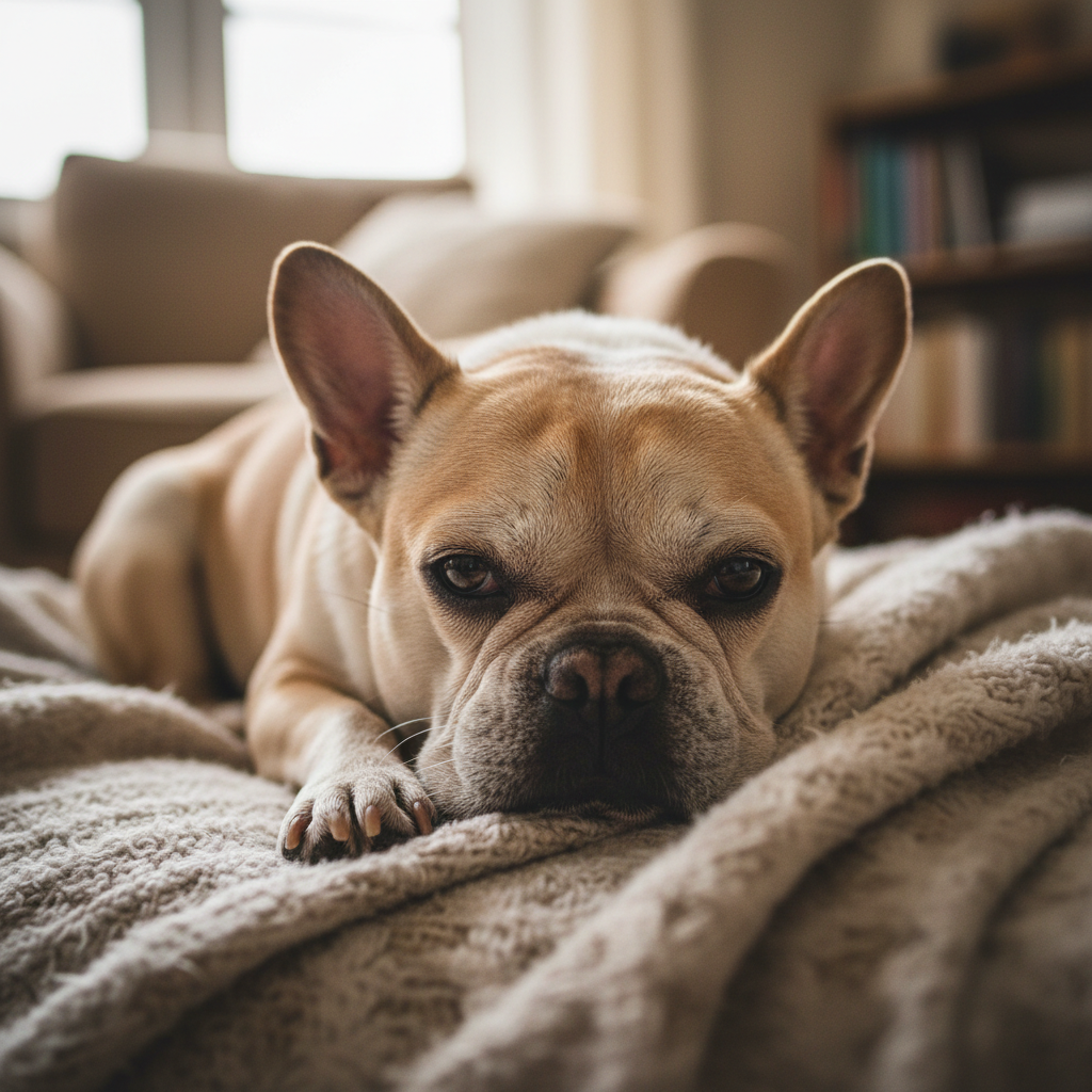 Biscuit the senior French Bulldog looking tired before diet change