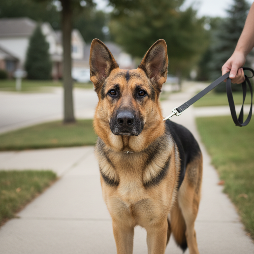 German shepherd dog making eye contact with owner during leash training on a neighborhood street, calm body language
