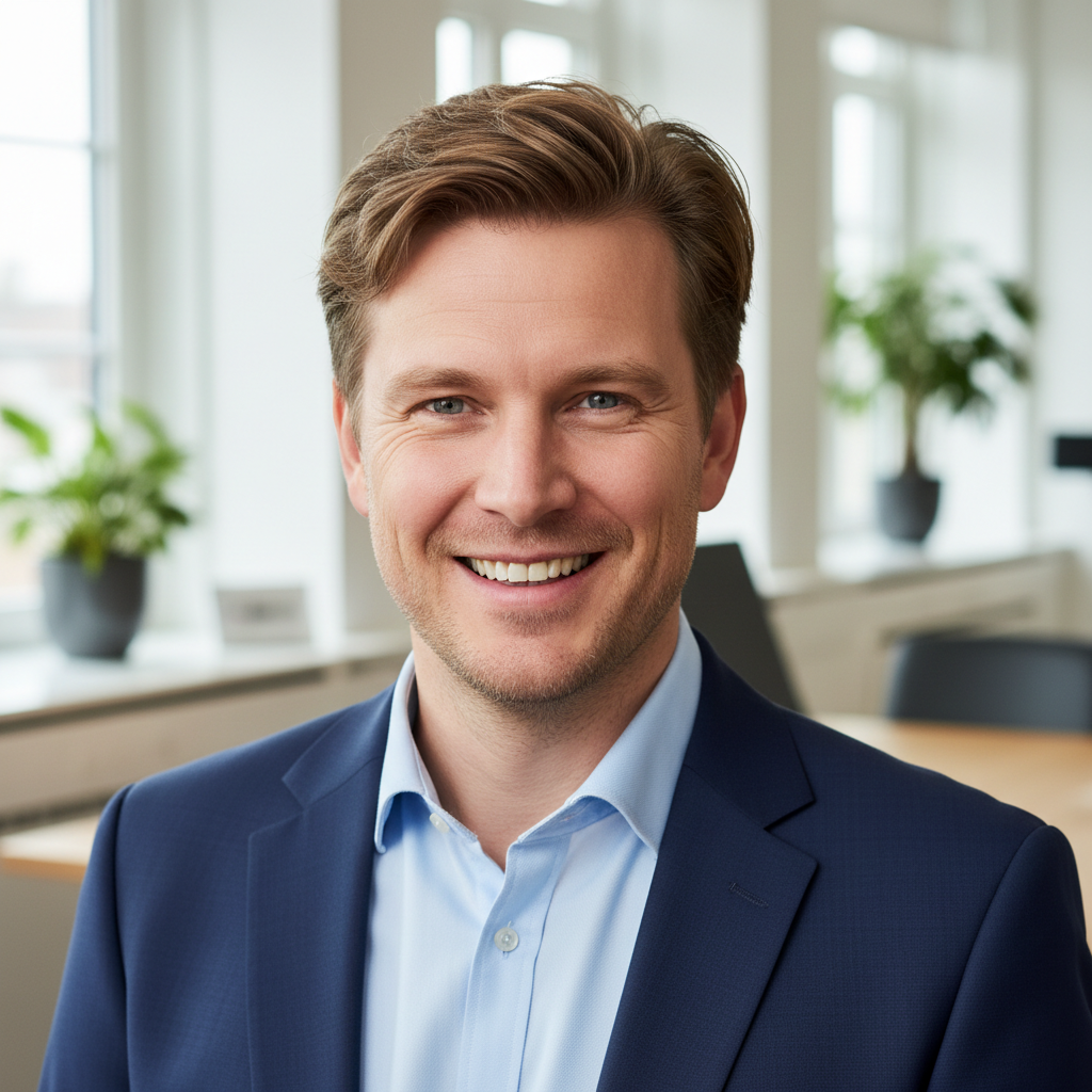 German man with short brown hair, professional outdoors appearance, confident expression