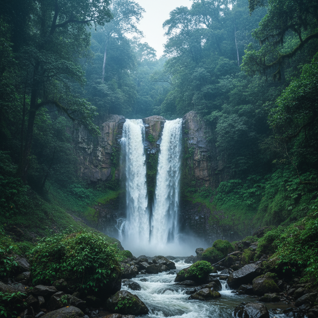 Hebbe Falls waterfall - powerful twin cascade in dense jungle with moody atmospheric lighting and 168 feet drop