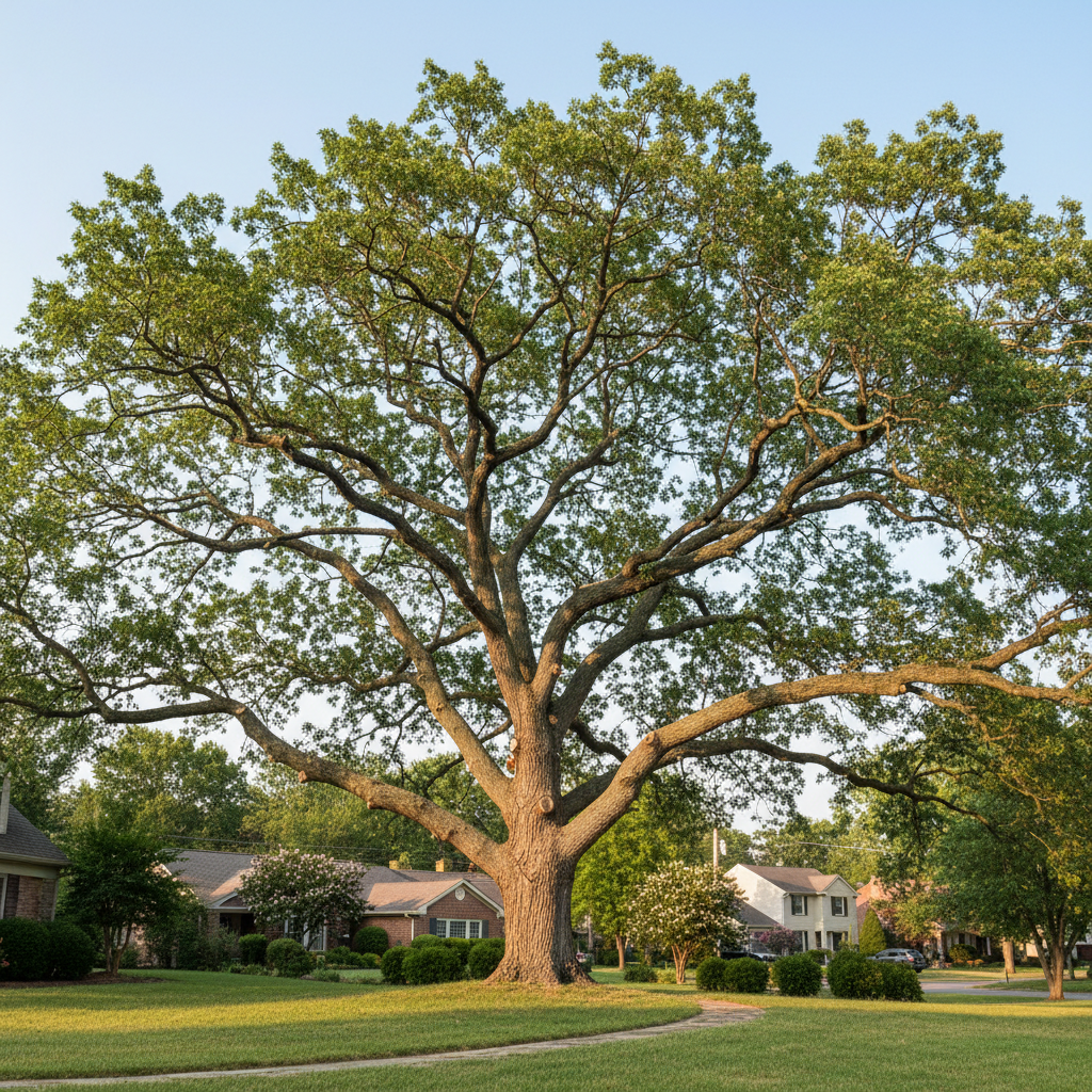 Beautifully shaped mature tree with open crown structure after professional pruning in residential neighborhood