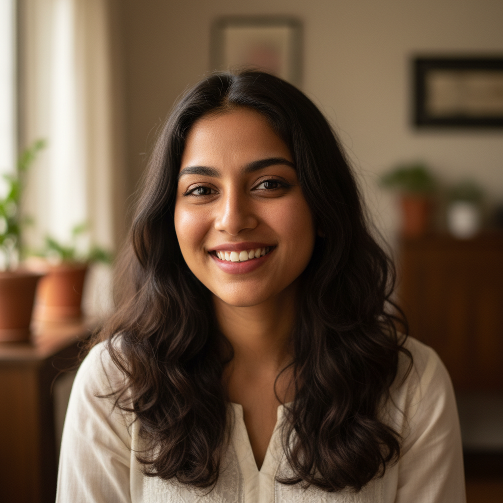 Indian woman smiling, warm indoor lighting, soft background