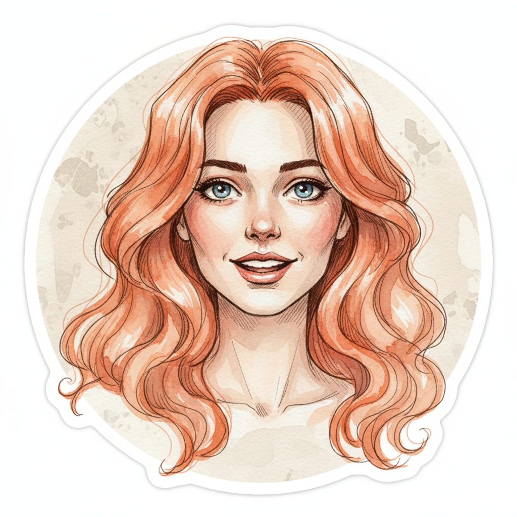 Caricature couleur d'une femme avec sourire expressif, réalisée à la main sur papier d'art