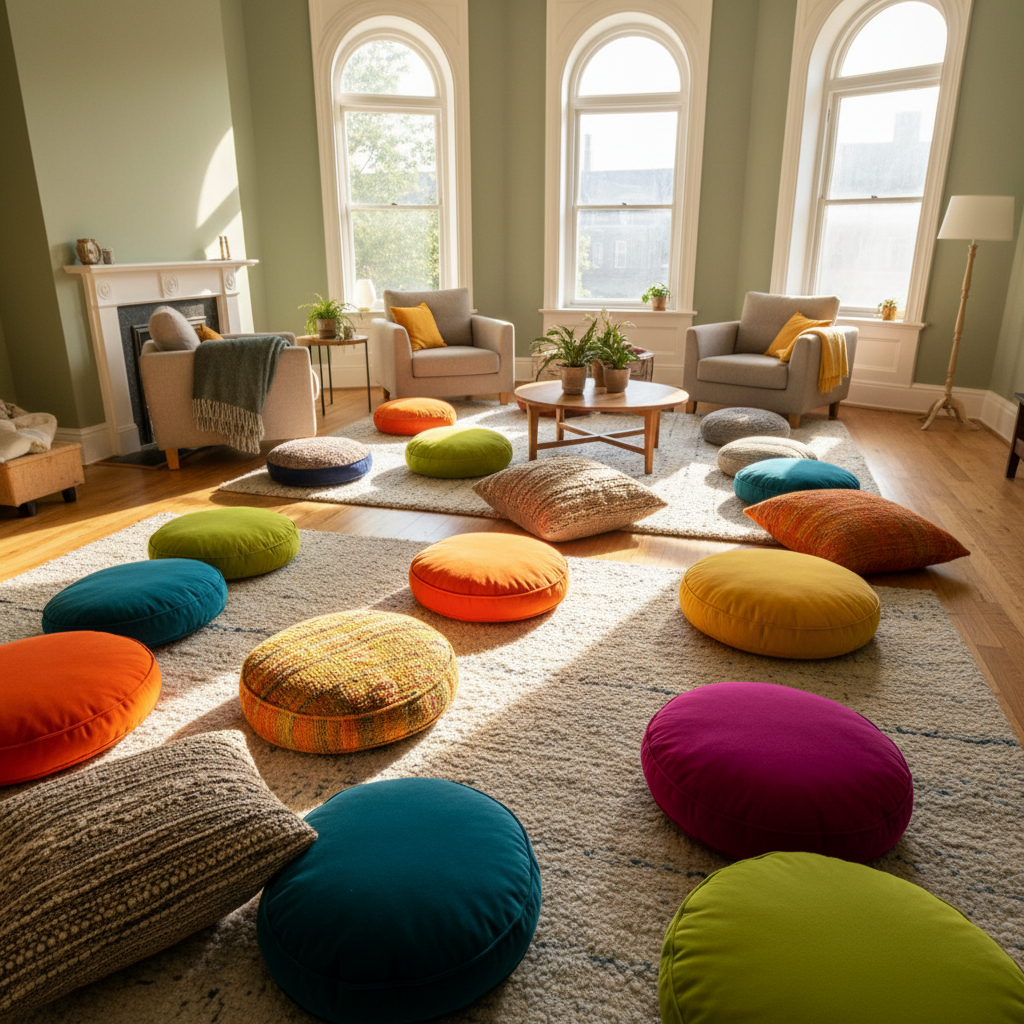 Bright airy therapy space with large windows, natural light streaming in, warm wood tones and soft furnishings