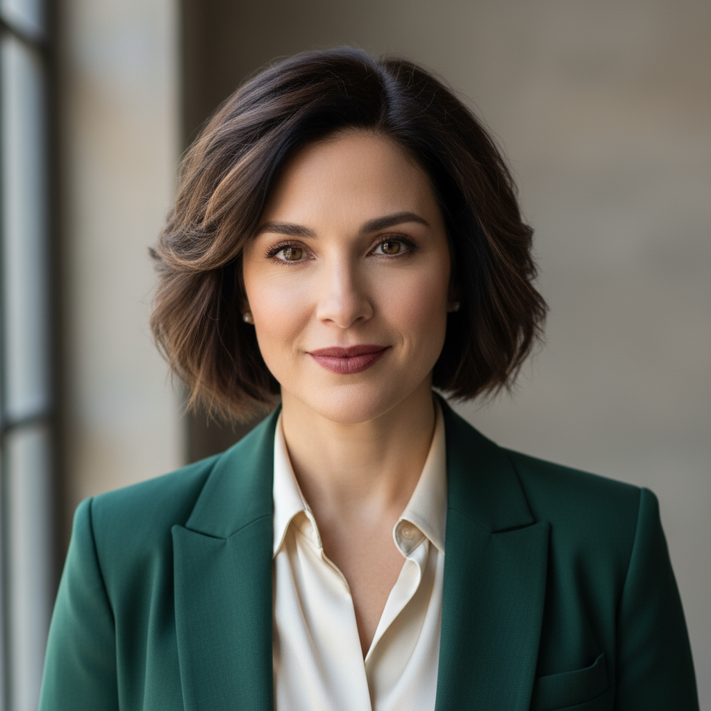 Female director in professional business attire with confident expression