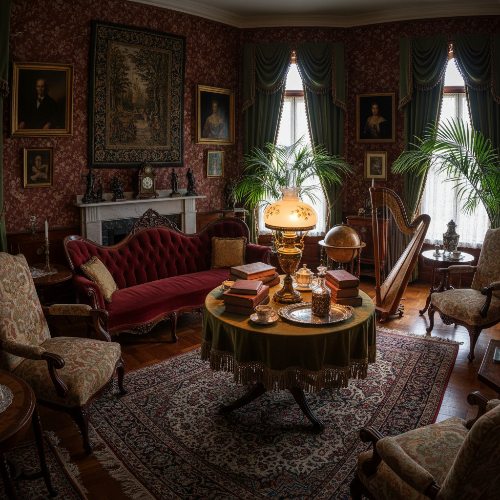 Victorian parlor setting with ornate furniture, warm lamp light, and period decorative objects