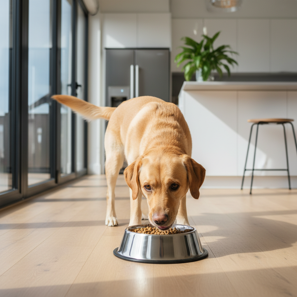 Chien mangeant dans sa gamelle avec appétit, ambiance lumineuse et chaleureuse