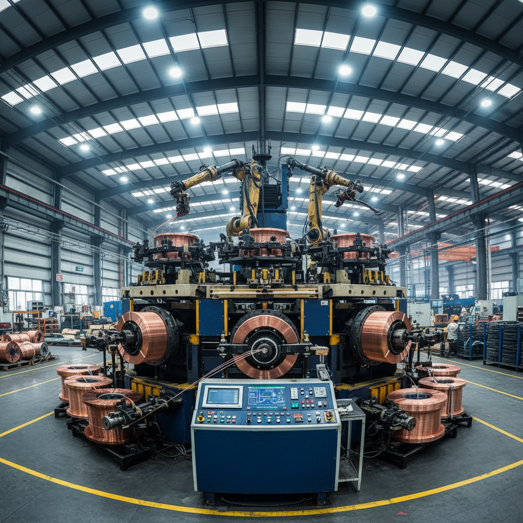 Copper wire winding machine in industrial factory producing transformer coils with precision CNC control