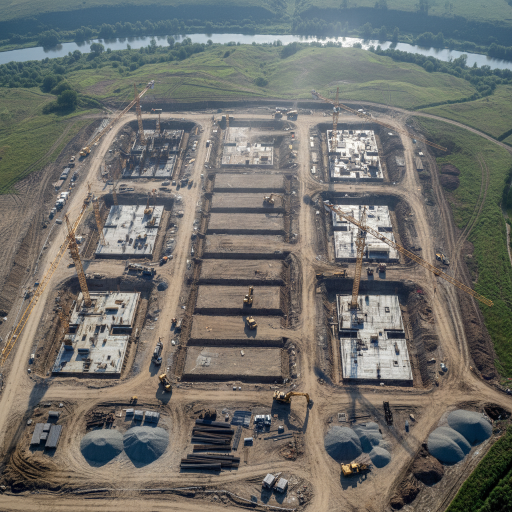 Aerial view of large construction site with multiple tower cranes and concrete foundations