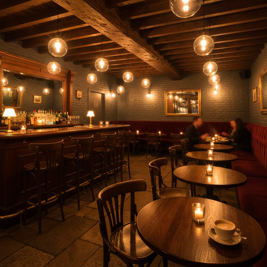 Intimate bistro interior with warm pendant lighting, dark wood bar, and closely spaced tables