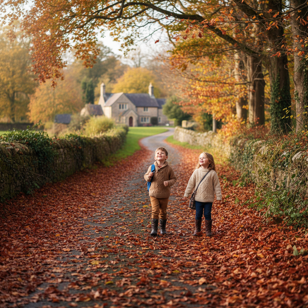 Two children walking down a quiet country lane toward a small village school, autumn leaves