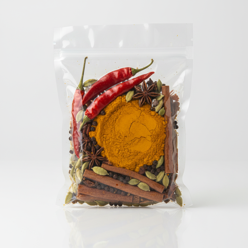 Vibrant colorful Indian spices in aroma-barrier flexible packaging with premium printed design