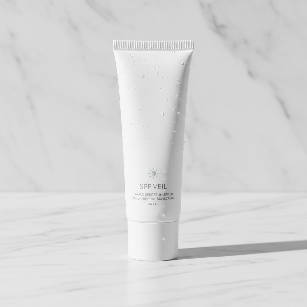 White sunscreen tube with pink accents on marble surface, K-beauty SPF product