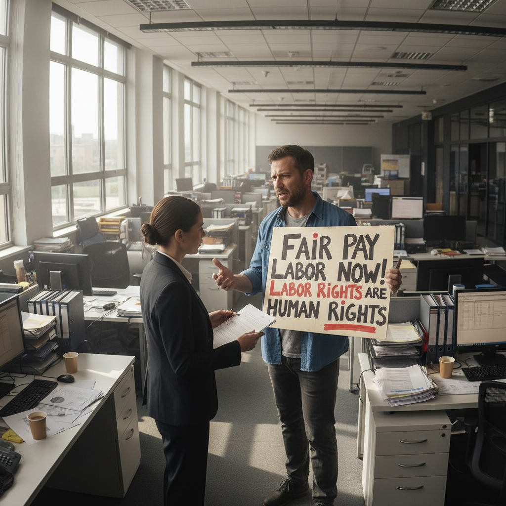 Trabajador reclamando derechos laborales con asesoramiento jurídico