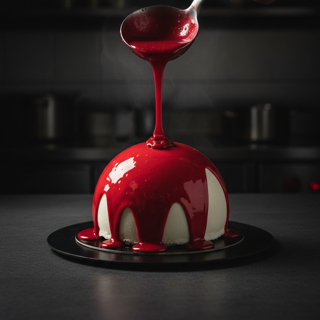 Mirror glaze being poured over hazelnut mousse cake at perfect temperature
