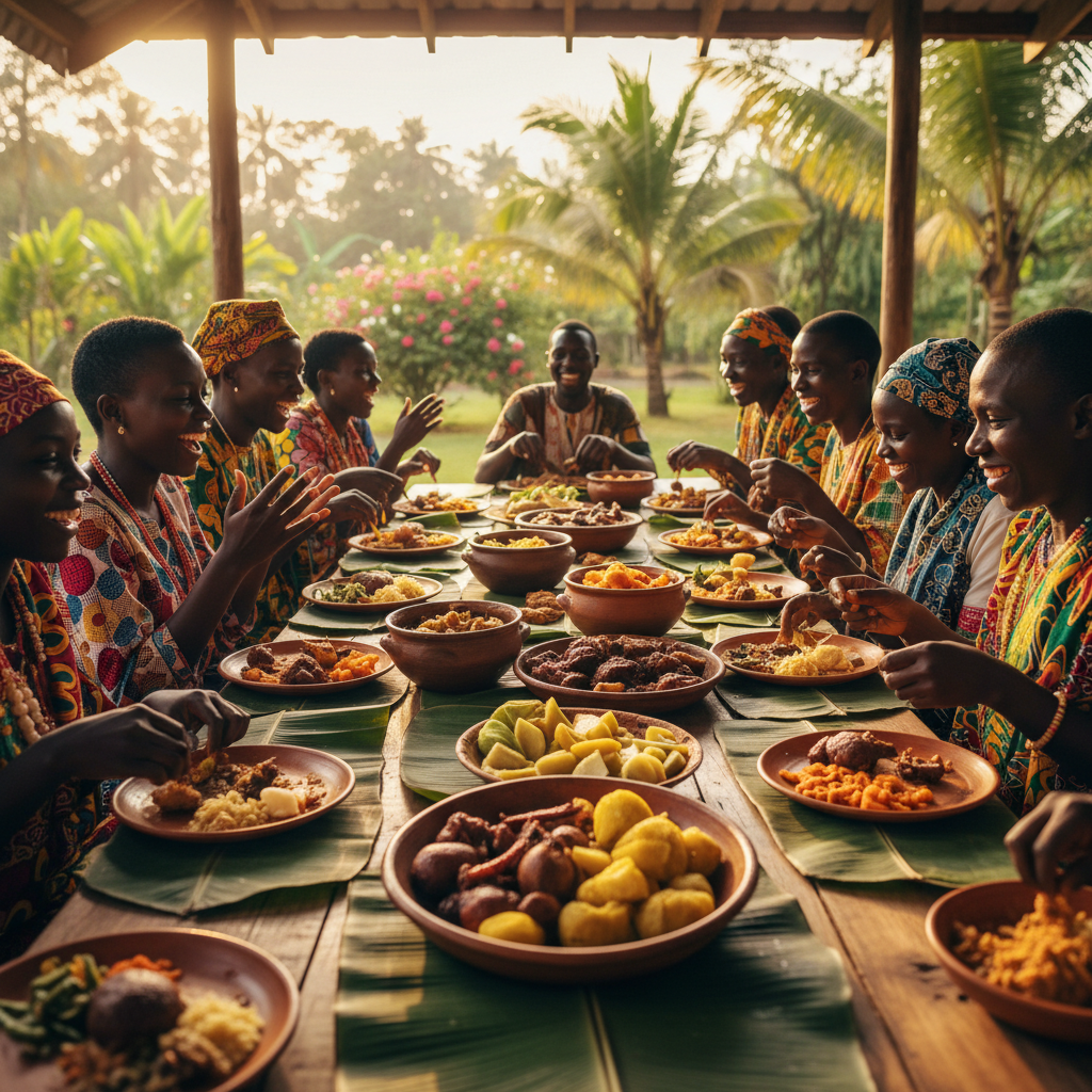 Ugandan ceremony guests laughing and eating together at a long table set with banana leaves and clay pots