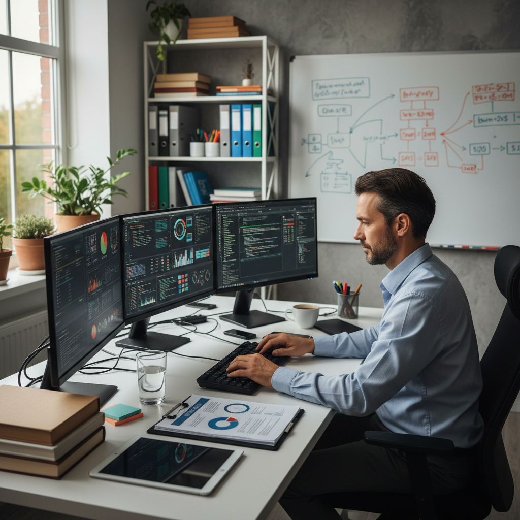 Computer code on multiple screens in modern tech office environment