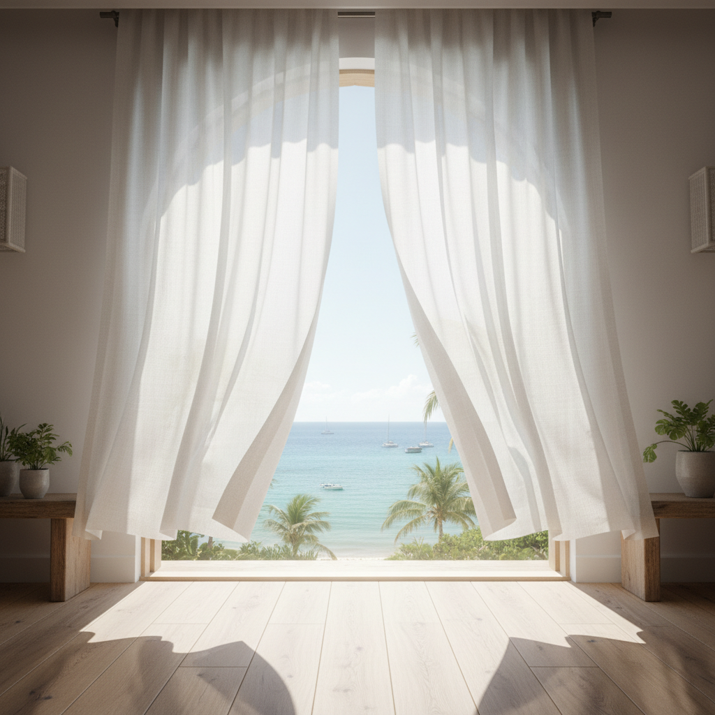White linen curtains catching sea breeze in a sunlit villa room