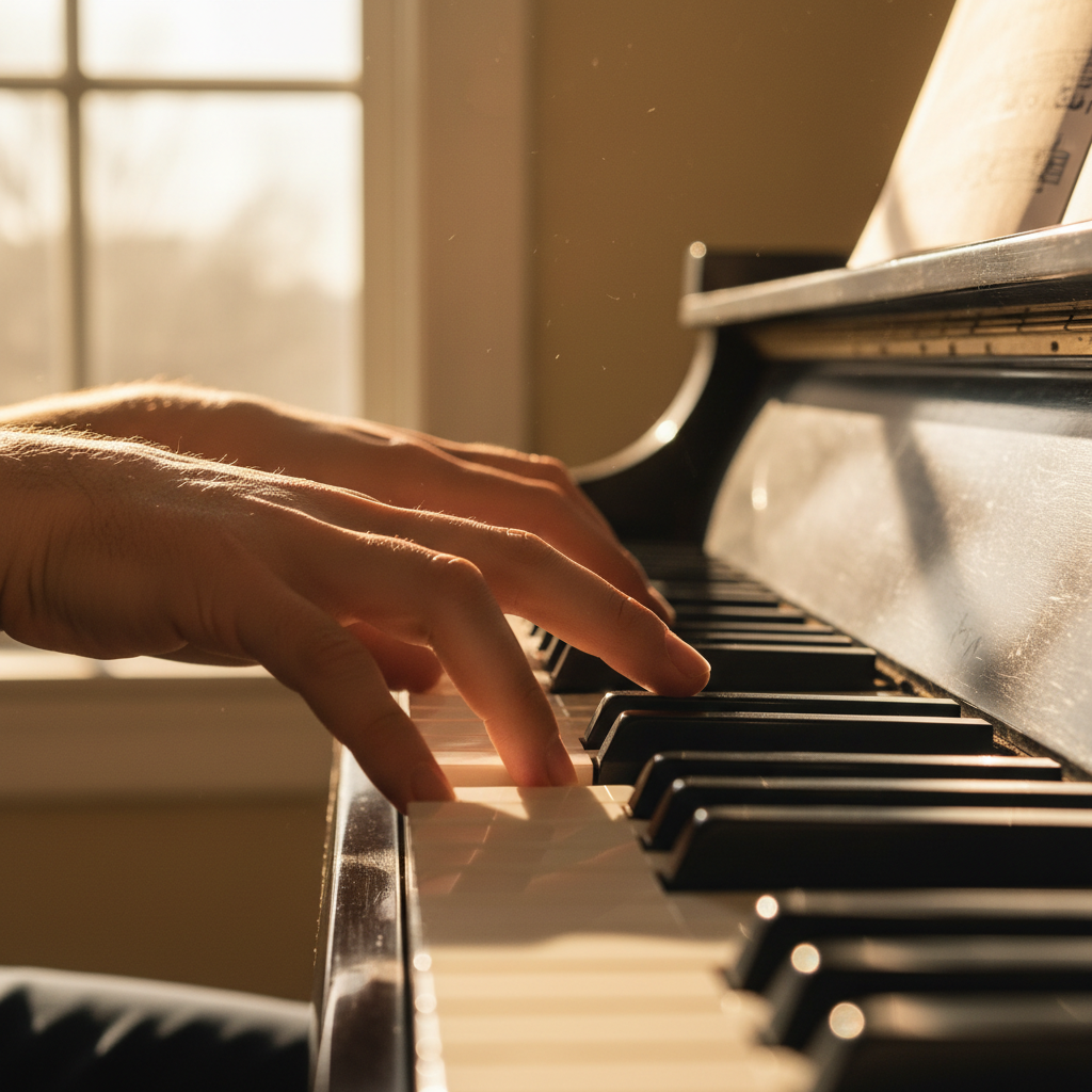Close-up of fingers pressing piano keys, learning a new melody in afternoon light
