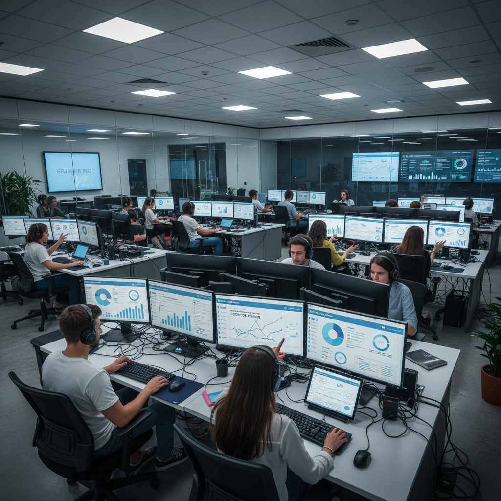 Financial data charts and graphs displayed on multiple computer monitors
