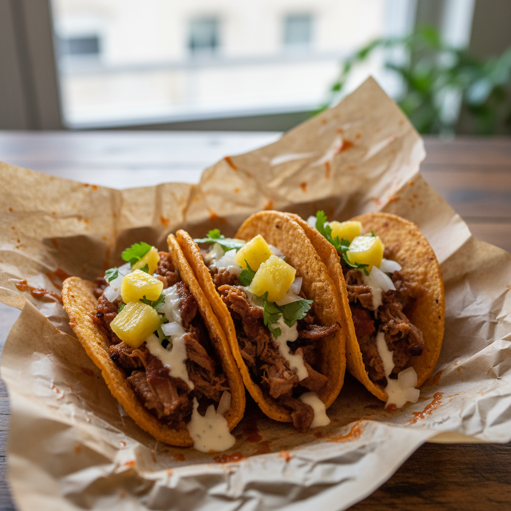 Sauce-stained paper boat filled with crispy al pastor tacos topped with pineapple