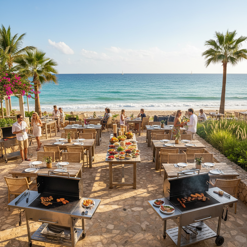 Outdoor BBQ terrace at sunset with Red Sea horizon view