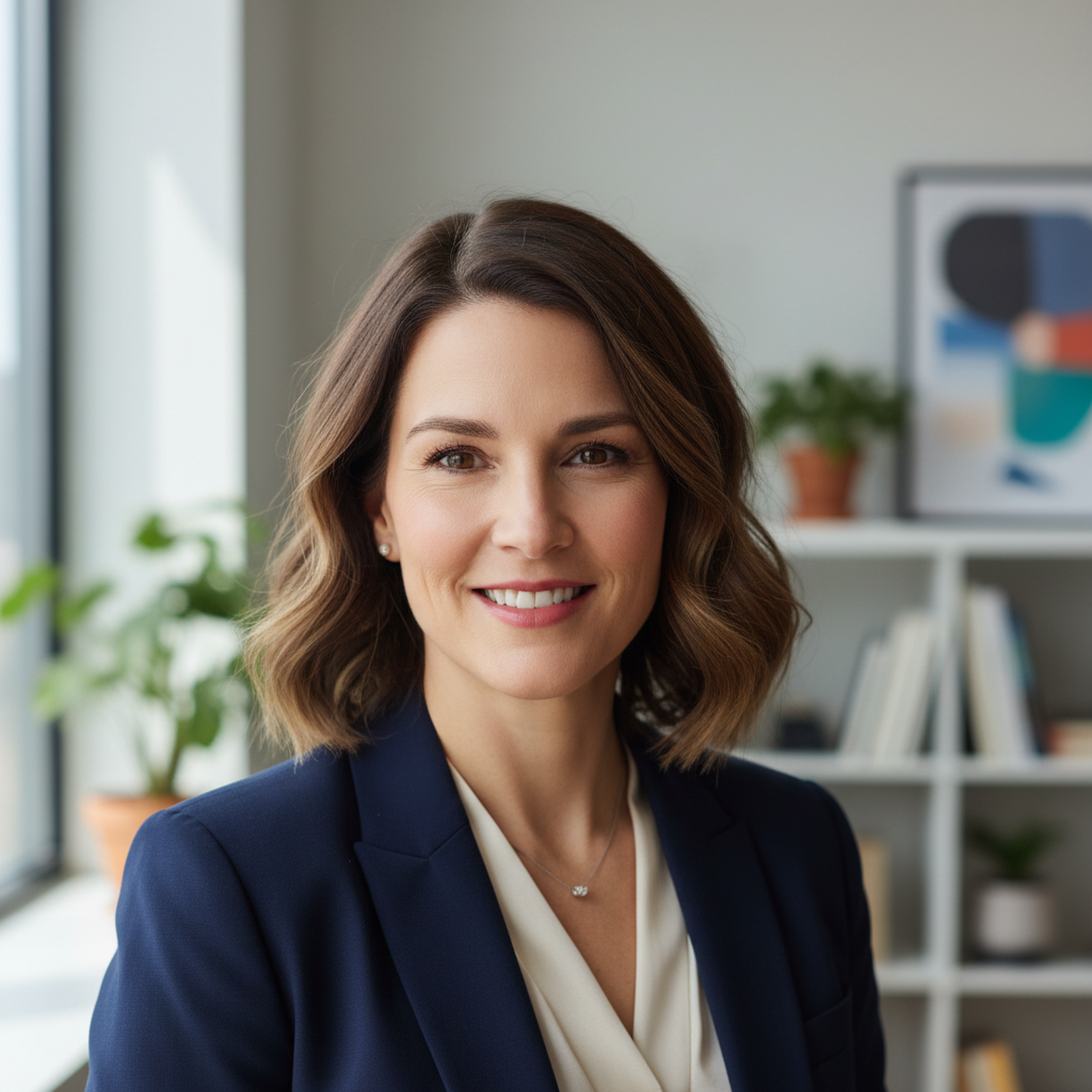 Professional woman with short brown hair in navy blazer smiling at camera
