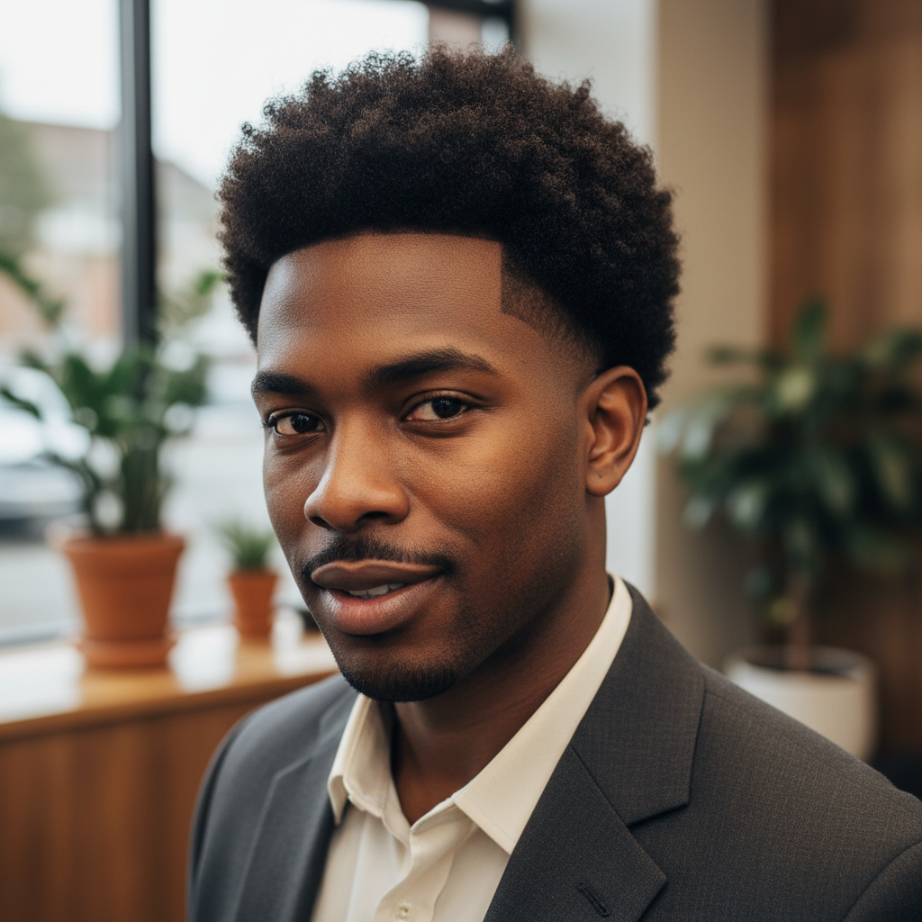Emeka Nwosu, style specialist at DY Cutz, showcasing a textured haircut result, clean studio backdrop, confident expression