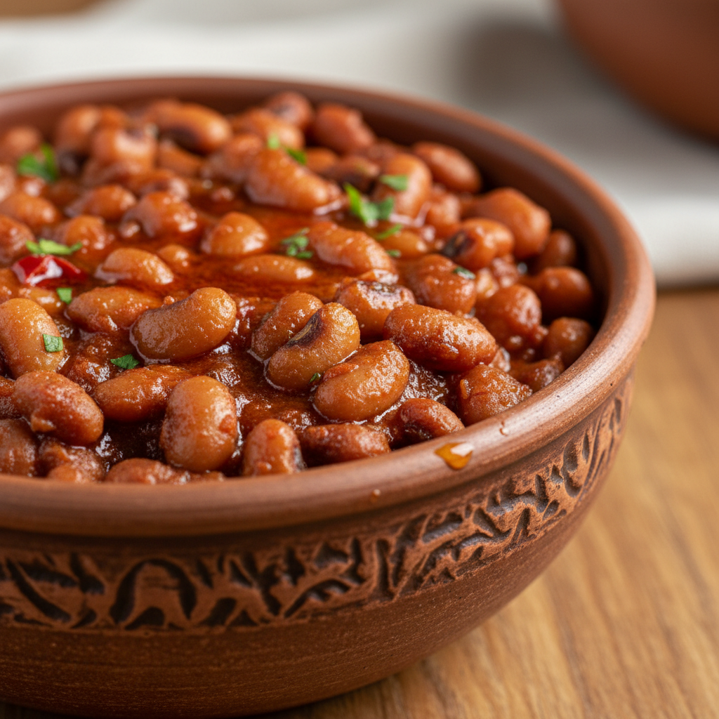 Coconut beans stew in clay bowl with coconut milk