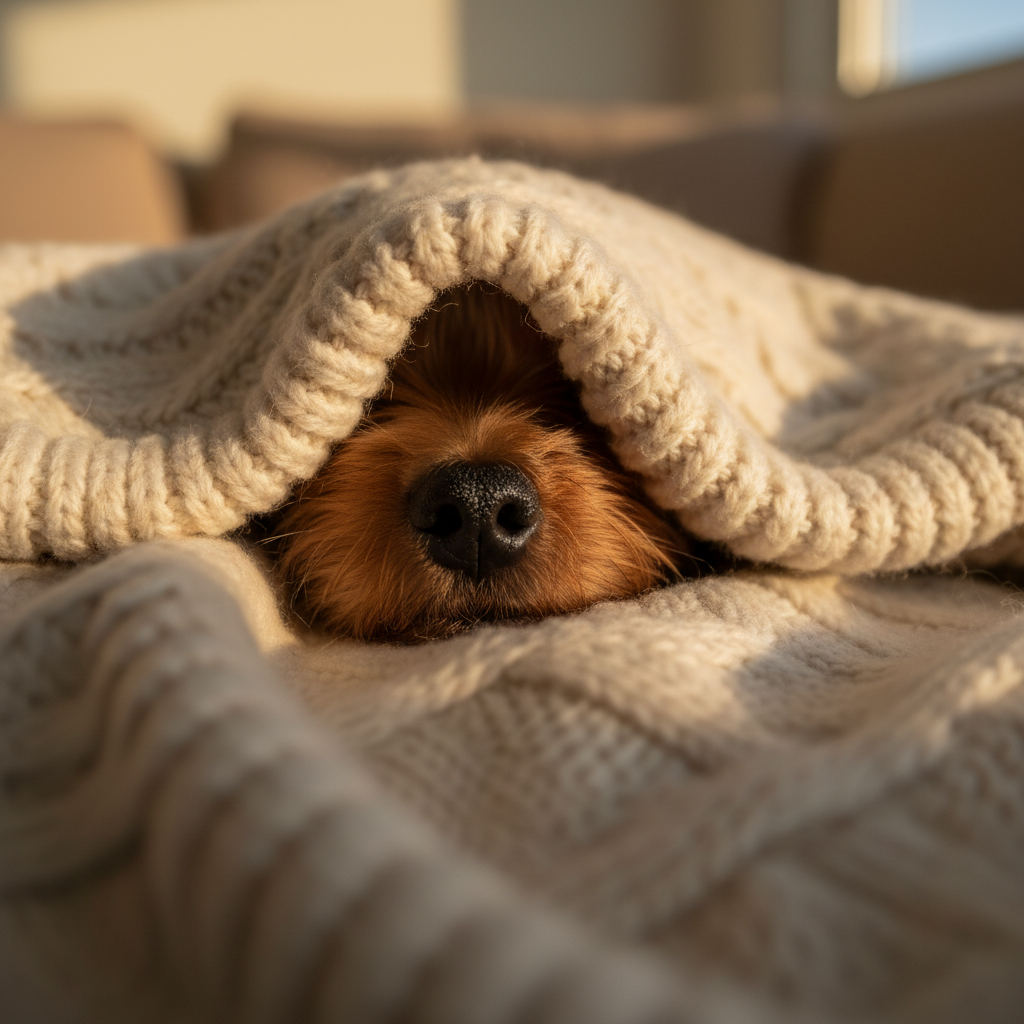 Yorkie burrowed under a cream knit blanket, only tiny nose visible in cozy evening light