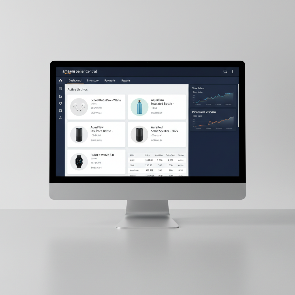 Amazon India seller central dashboard showing product listings sales metrics and FBA inventory