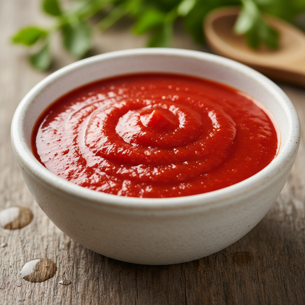 Sauce tomate rouge vif dans un bol blanc avec feuilles de basilic frais