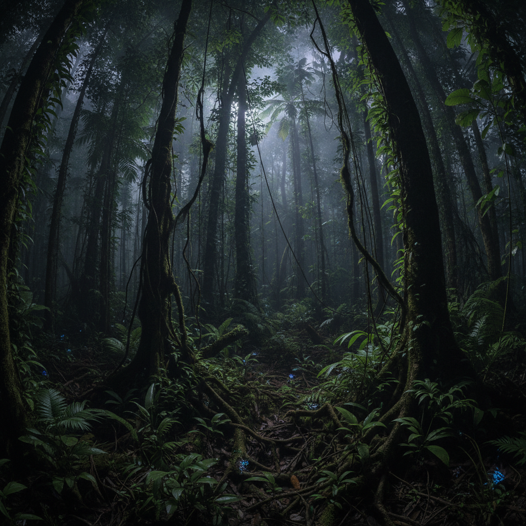 Dense tropical forest at night, camera trap perspective showing dark undergrowth