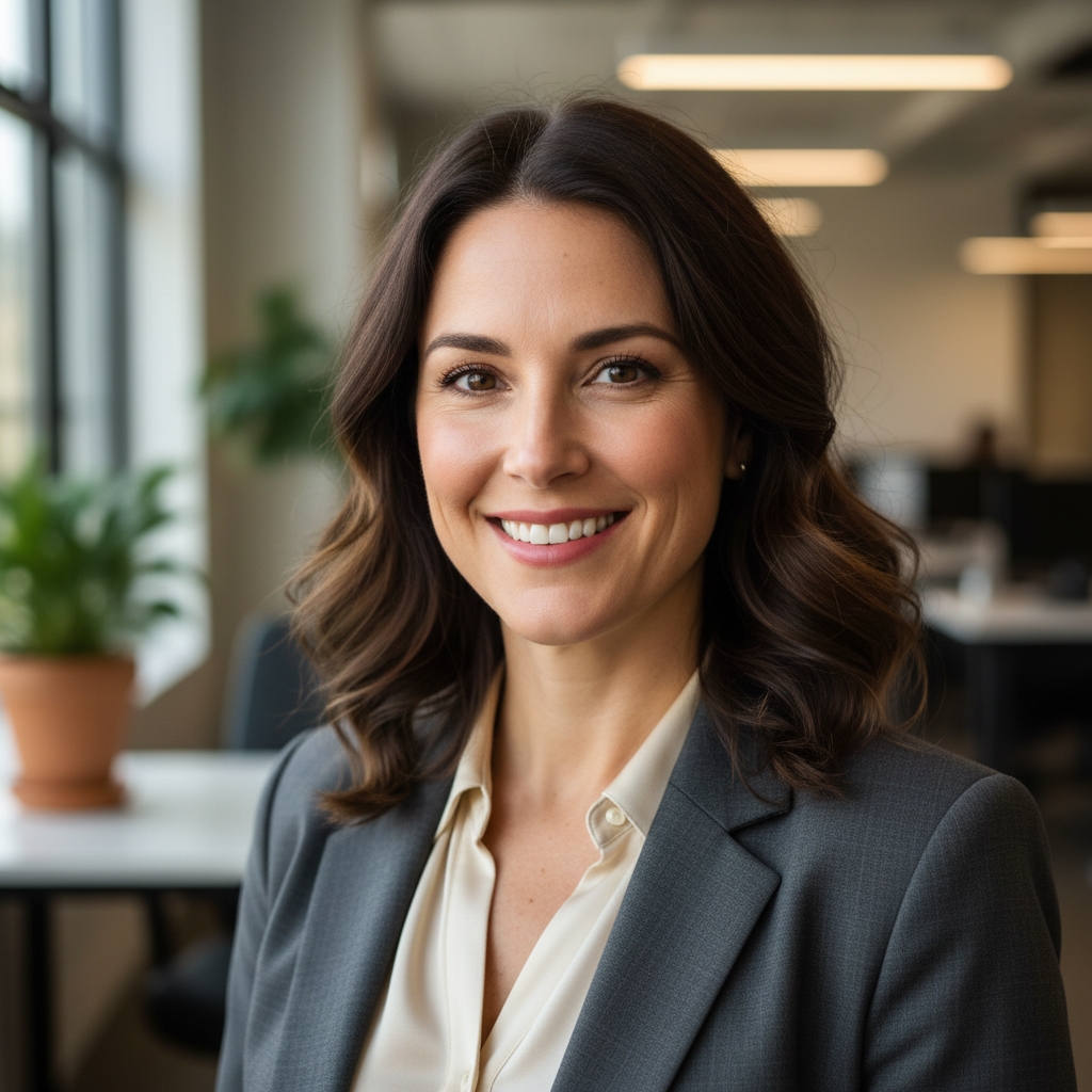 Business professional with warm smile, clean white background, professional attire
