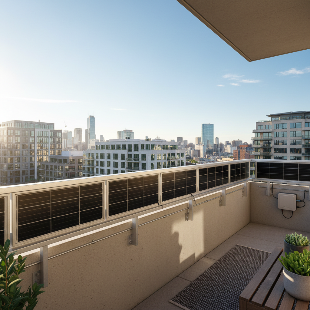 Solar panels installed on a city apartment balcony with urban skyline, dim evening atmosphere, steel railings