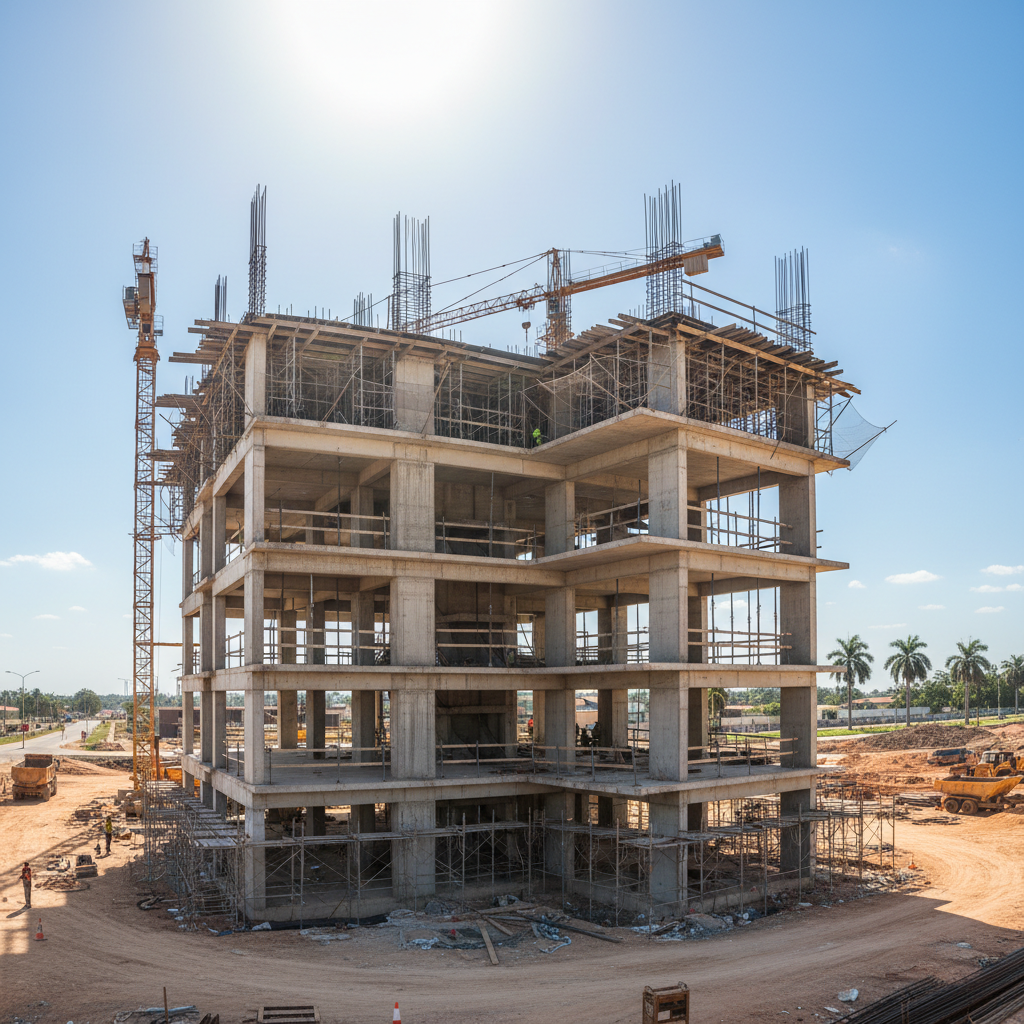 Multi-storey concrete building under construction with scaffolding and cranes, overcast sky, urban Kenya construction site
