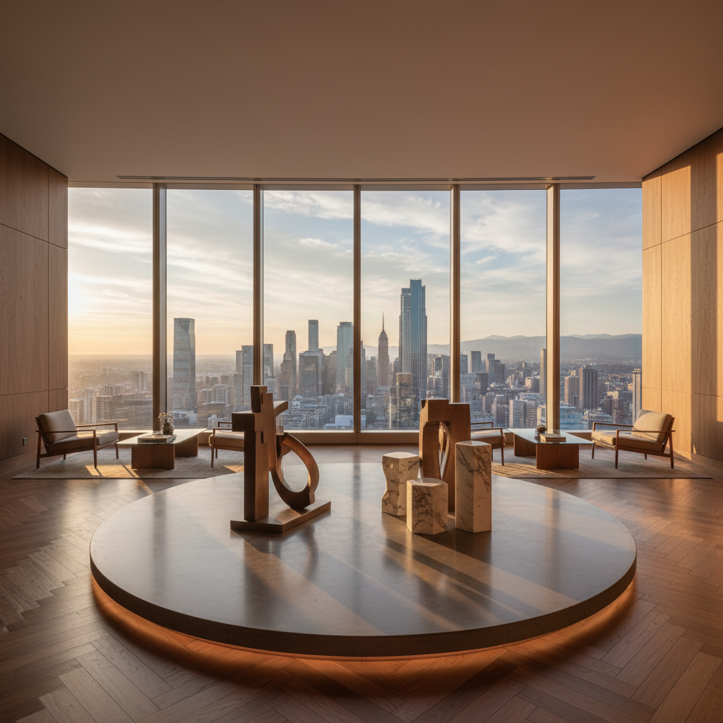 Staged trophy tower floor with panoramic city views, walnut millwork, and curated art installation