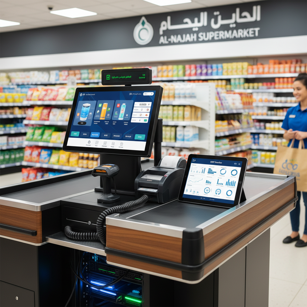 Retail cashier using a touchscreen POS system at a modern supermarket checkout counter with barcode scanner, bright store lighting
