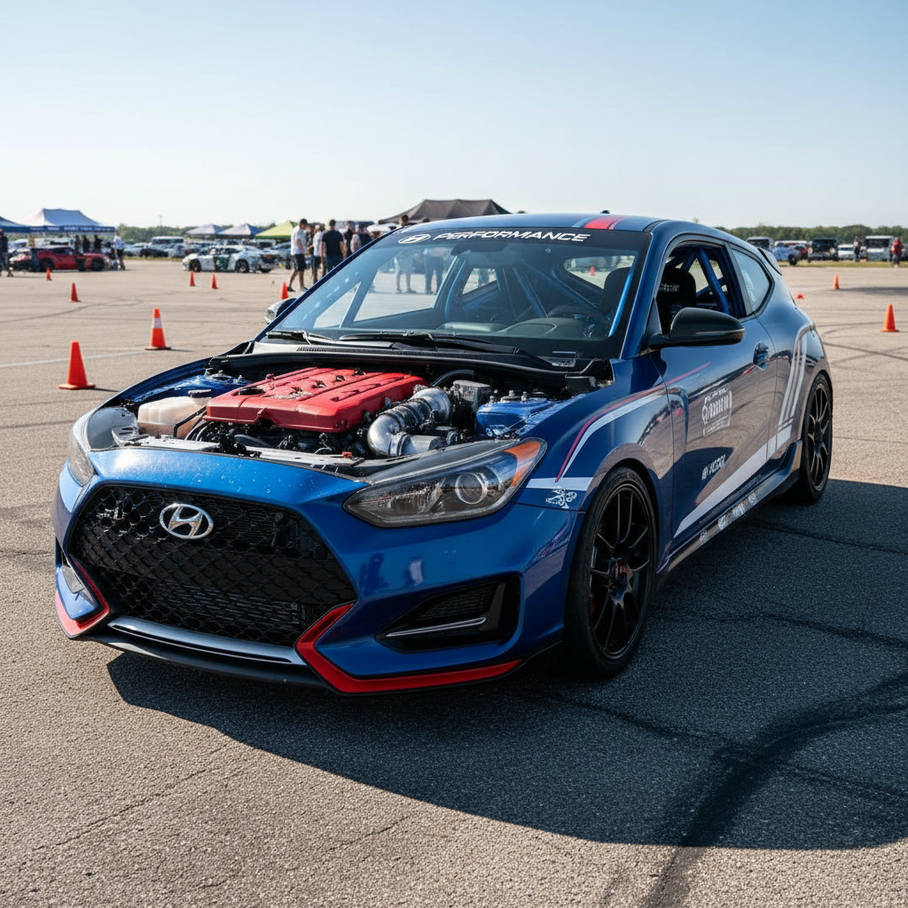 Engine Red 2019 Hyundai Veloster N race build with roll cage visible through windows at autocross event